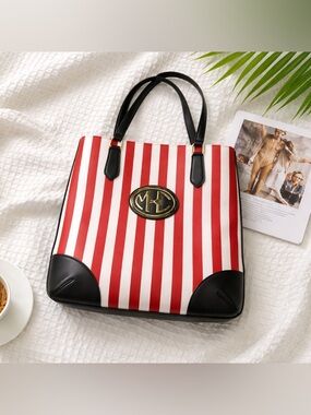 MICHAEL KORS COLLECTION Rare Red White Black Striped Leather Tote Made in Italy